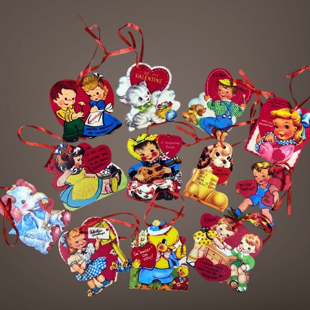 Midcentury Style Valentine Wood Ornaments Set‎ Laser Cut Sublimated Vintage